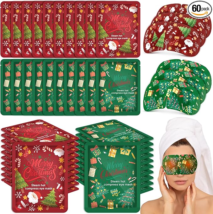 Bonuci 60 Pcs Christmas Steam Eye Masks Bulk for Dry Eyes Disposable Heating Eye Mask for Spa Sleep Warm Compress Stress Dark Circle Relief Puffiness and Relaxation Gifts Christmas Stocking Stuffer