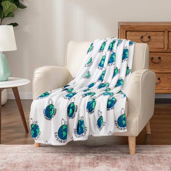 Berkshire Blanket Peanuts® VelvetLoft® Cute Character Snoopy Plush Oversized Throw Blanket, Snoopy Keep it Clean Keep it Green White (50in x 60in)
