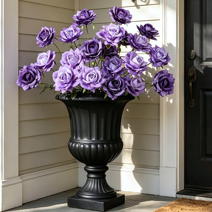INXUGAO 6 Pcs Artificial Flowers Fake Roses for Outdoor, 28" Long Stem Silk Roses for Wedding Indoor Outside Party Decor, Realistic Faux Bouquet for Tall Vase Planter (Purple)