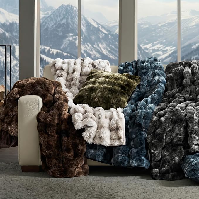 Faux Rabbit Fur Bubble Throw Blanket, 50"x60", Marble Deep Indigo | Ultra Soft, Luxury Faux Rabbit Fur Throw, Thick Warm Bubble Blanket, Cozy Fluffy Reversible, for Bed, Couch, Chair, Sofa