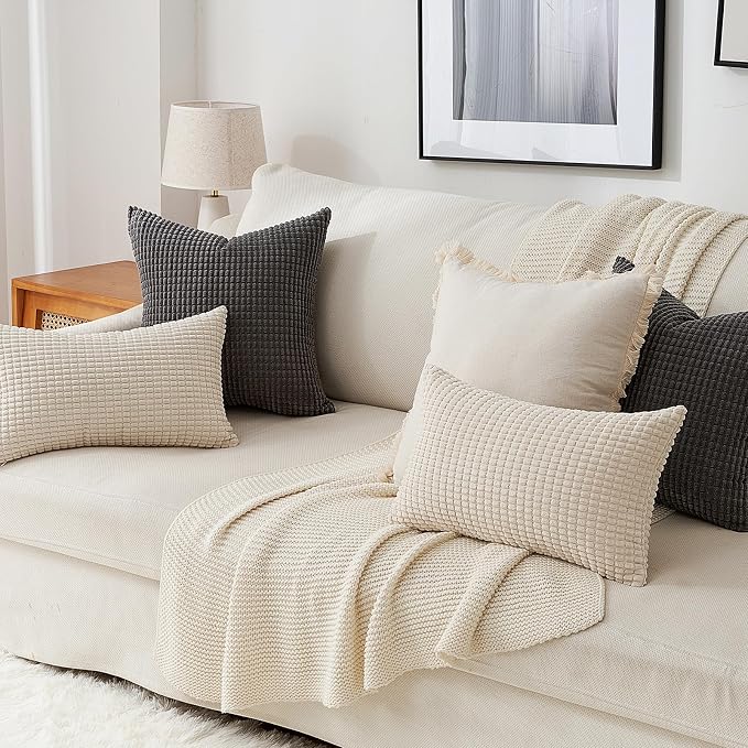 Topfinel 22x22 inches Euro Pillow Shams Set of 4 Soft Corduroy Decorative Throw Pillow Covers for Bedroom Living Room Boho Textured Striped Patchwork Couch Pillow Covers 55x55 cm Darkgrey
