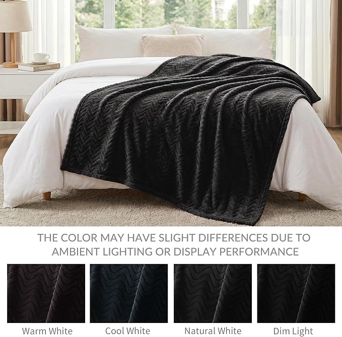 Exclusivo Mezcla Soft Fleece Blanket King Size for Bed, Sofa, Black | 90"x104" Breathable Lightweight Flannel Blanket for Summer, Plush Cozy Jacquard Wave for Home Decor
