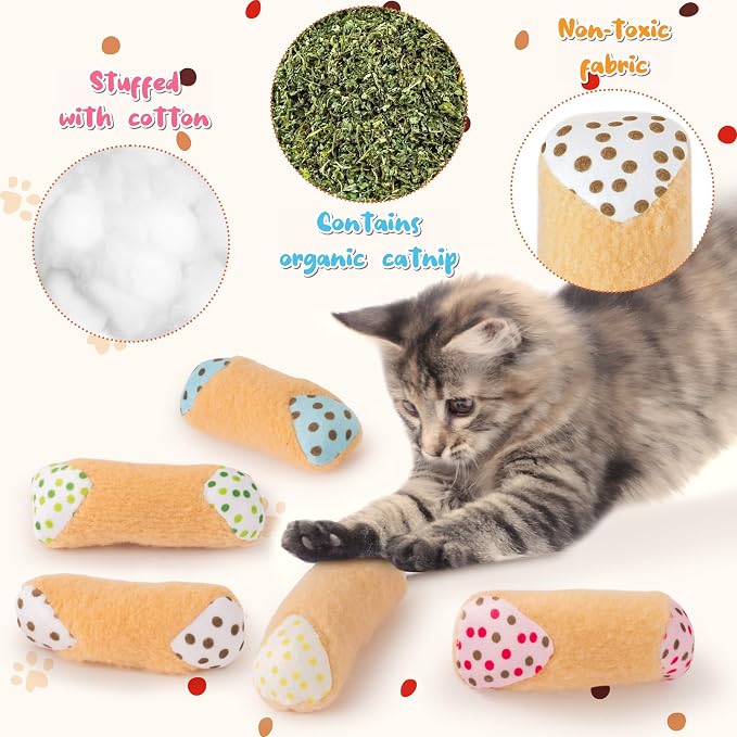 MALLMALL6 Catnip Toys for Cat - 5Pcs Cannoli Crinkle Paper Sound Catmint Toy Gift for Indoor Kitten, Teething Chew Kick Interactive Kitty Supplies, Soft Italian Dessert Pet Present for Kitten Lover