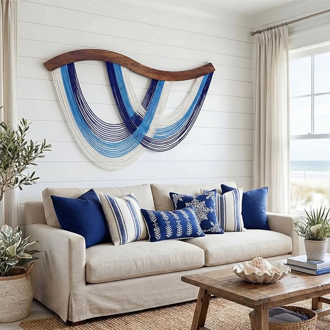 Navy Blue Macrame Wall Hanging Dip Dyed Yarn Wall Art, Modern Boho Decor | Handmade Cotton Rope Tapestry for Bedroom, Living Room, Nursery, 31.5 x 23.6 Inch