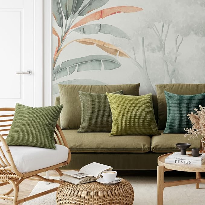 Softalker Corduroy Decorative Throw Pillow Covers 20x20, Set of 4, Green | Soft Boho Striped Pillow Cases, Couch Fluffy Cushion Covers for Farmhouse Home Decor Bed Living Room
