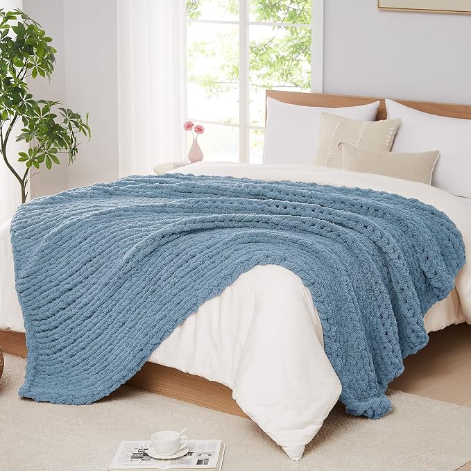 L'AGRATY Chunky Knit Throw Blanket for Couch, 72 x 84 Inches, Airy Blue | Handmade Chenille Crochet Blanket for Sofa Bed, Thick Cable Knitted Blankets for Room Home Decor, Birthday Gift for Women Mom