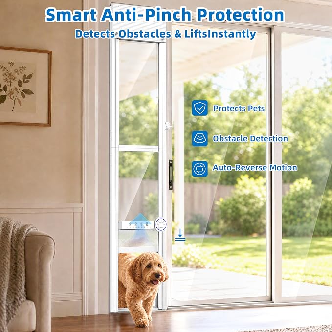 Automatic Doggy Door for Sliding Glass Doors,Doorbell Activation,No Collar | 4 Mode,Electric Sliding Door Dog Doors Insert,Aluminum Frame Patio Door Dog Door,Weatherproof,Anti-Pinch(78 5/16"-83 3/16" H)