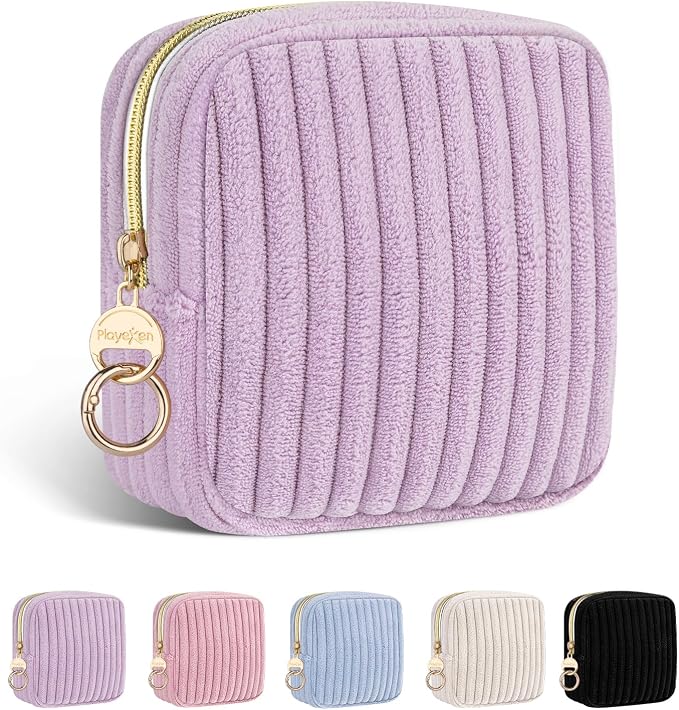 Period Bag for Teen Girls, Corduroy Sanitary Napkin Storage Bag, Fluffy Menstrual Pad PouchTampon Holder for Purse (Purple)