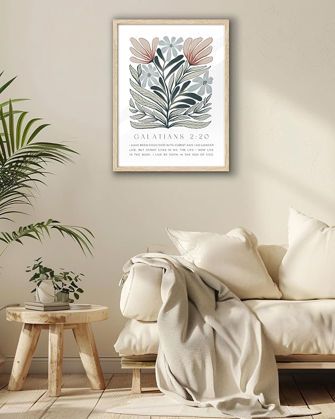 EcoHest 12x16 in Galatians 2:20 Abstract Floral Framed Christian Wall Art | Natural Oak Wood Frame with Canvas Wall Art, Boho Scripture Bible Verse Decor for Bedroom, Living Room, Office, Church, 1Pack