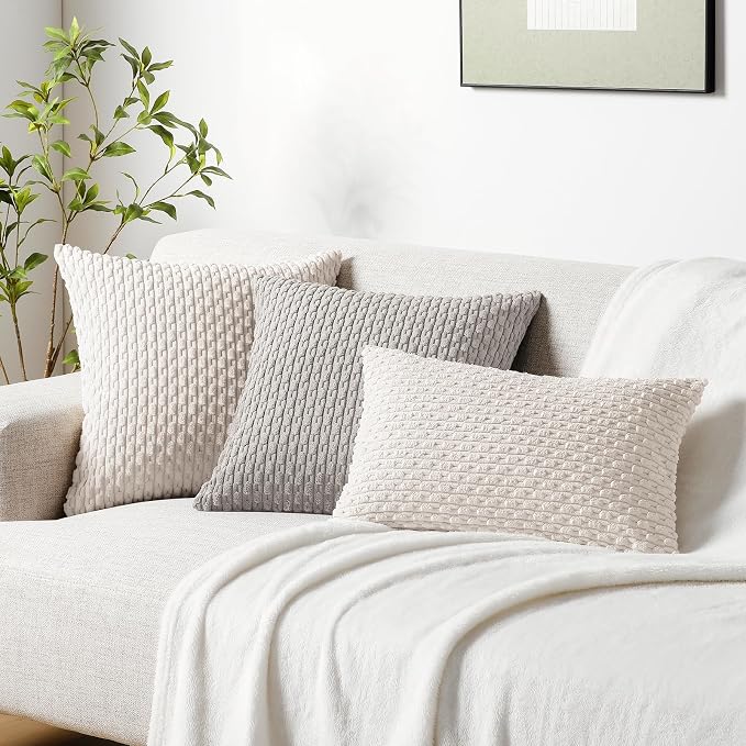 Softalker Corduroy Decorative Throw Pillow Covers 12x20, Set of 2, Beige | Soft Boho Striped Pillow Cases, Couch Fluffy Cushion Covers for Farmhouse Home Decor Bed Living Room