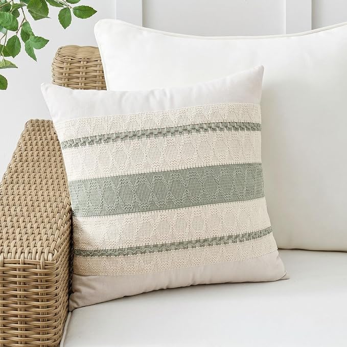 Fancy Homi Set of 2 Sage Green Boho Decorative Throw Pillow Covers 16x16 Inch for Living Room Bedroom Couch Bed Indoors, Rustic Retro Cushion Case 40x40 cm, Bohemian Room Home Decor