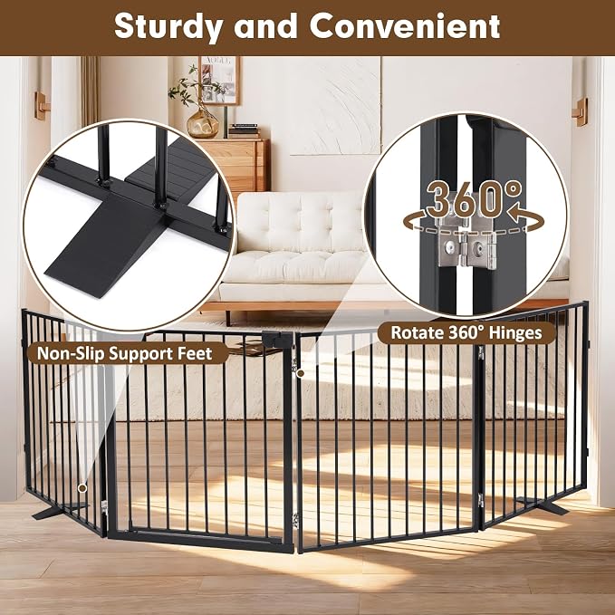Metal Freestanding Dog Gates with Door 104"x30" Pet Fence Extra Wide | Heavy-duty Foldable Dog Fence - Auto Close Dog Barrier Indoor Outdoor for Doorways, Deck, Yard, Stairs (4 Panels,Black)