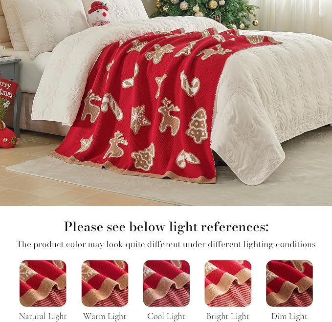 Christmas Knit Throw for Couch, Reversible Soft Cozy Chenille Blanket for Home Decor Gift for Family, 50" x 60", Christmas Gingerbread Cookie