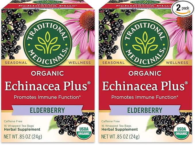 Traditional Medicinals Tea, Organic Echinacea Plus Elderberry, Boosts the Immune System, 16 Tea Bags (Pack of 2)