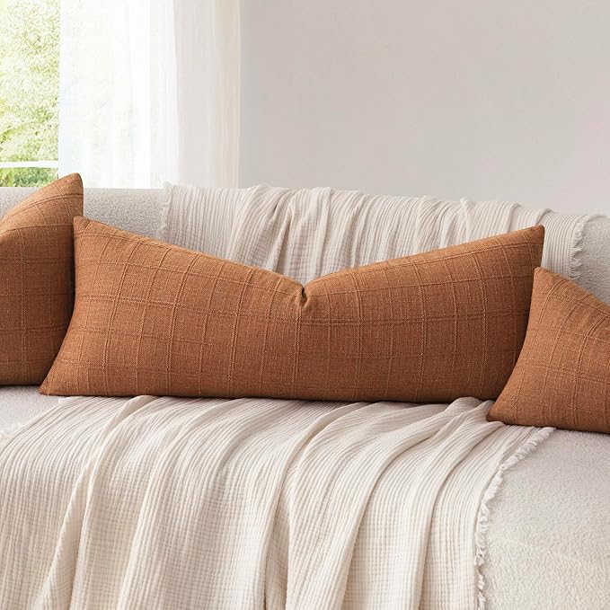 Foindtower Set of 2 Decorative Linen Check Throw Pillow Covers Neutral Farmhouse Vintage Cushion Covers Cozy Modern Boho Home Decor for Sofa Chair Couch Bedroom Living Room,14×36 Inch,Orange