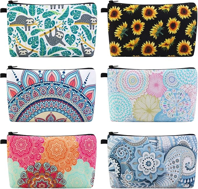 MAGEFY Makeup Bag 6 Styles Portable Travel Cosmetic Bag for Women Flower Patterns Zipper Pouch Sloth Gifts Makeup Pouch with Black Zipper (6 packs)