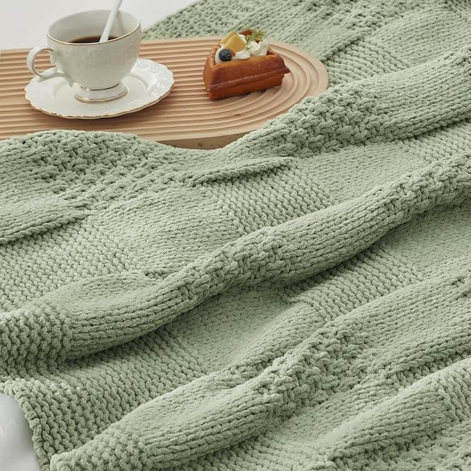 Knit Throw Blanket, Soft Chenille Cozy Breathable Checkered Chunky Decorative Blanket for Couch, Bed & Sofa, French-Inspired Lightweight Warm Gift for Women, Sage Green, 60"x80"