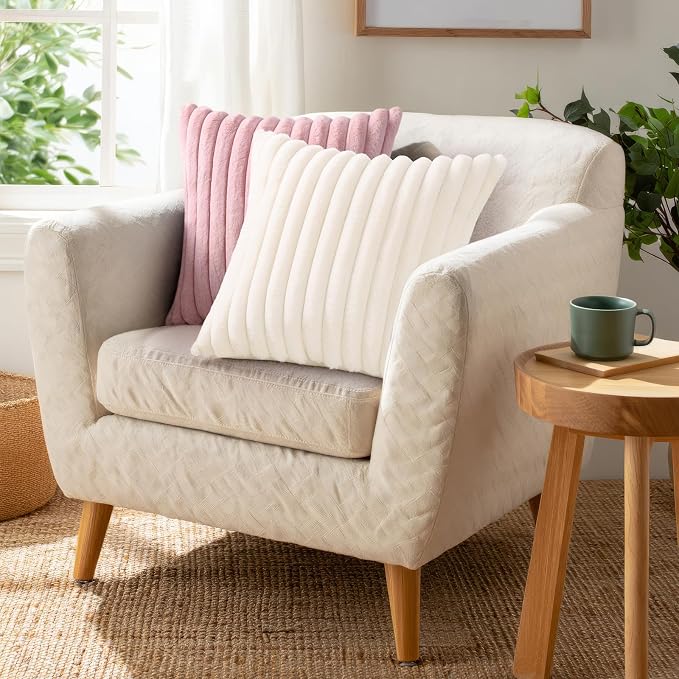 Pallene Faux Fur Decorative Throw Pillow Covers 22x22 Set of 2, Cream White | Luxury Plush Texture, Striped Design, Cozy Soft Touch, Modern Home Accent Decor for Couch, Sofa, Bed, Living Room
