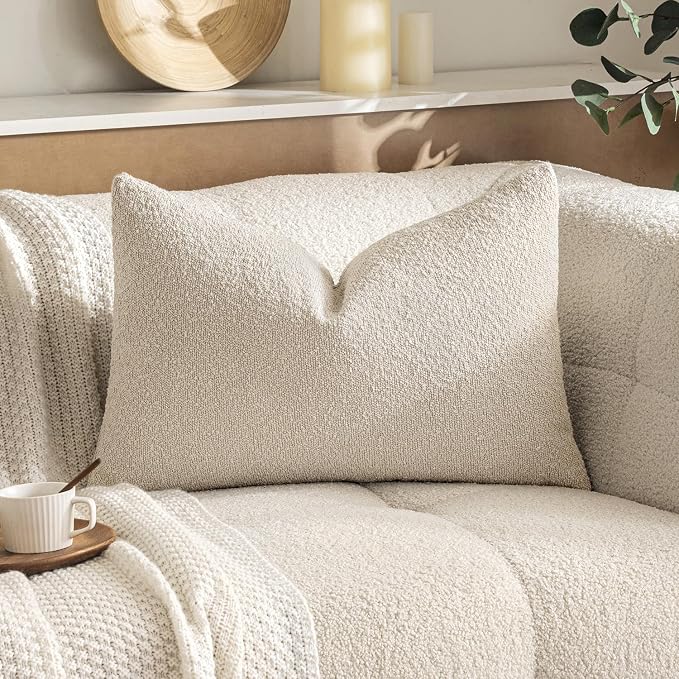 MIULEE Textured Boucle Lumbar Pillow Cover for Bed 16x24 Beige | Pack of 1 Textured Neutral Couch Throw Pillow Cover, Accent Solid Pillowcase, Sofa Living Room Home Decor