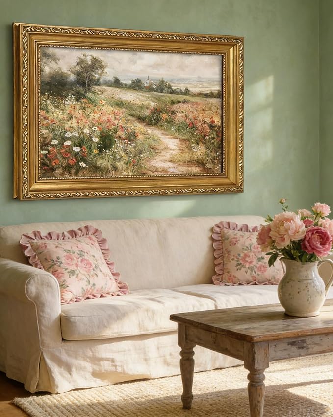 Vintage Gold Framed Wall Art Landscape Nature Wildflower Canvas 9x11in | Country Wildflower, Living Room, Bedroom Decor, Gifts for Friends or Family