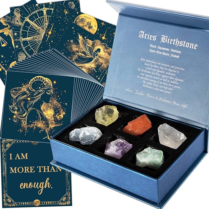 Faivykyd Aries Crystals Gifts for Women - 6 Aries Zodiac Healing Stones w/ 50 Miracle Mantras Affirmation Cards, Inspirational Astrology Gifts for Promoting Positive Energy, Self-Care & Love