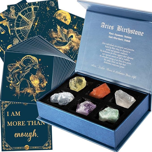 Faivykyd Aries Crystals Gifts for Women - 6 Aries Zodiac Healing Stones w/ 50 Miracle Mantras Affirmation Cards, Inspirational Astrology Gifts for Promoting Positive Energy, Self-Care & Love