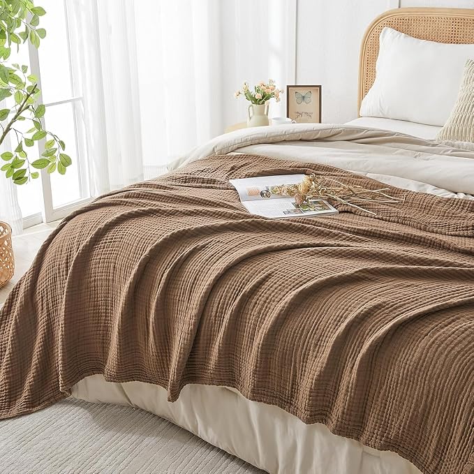 EMME Muslin Blankets for Adults Throw Blanket for Couch Breathable Gauze Soft Lightweight Airy Brown King 108" x 90"