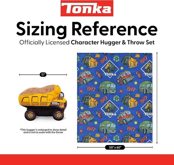 Northwest Hasbro Tonka Sketched Hugger Pillow & Silk Touch Throw Blanket Set, 50x60 Inch Blanket and 11 Inch Plushie