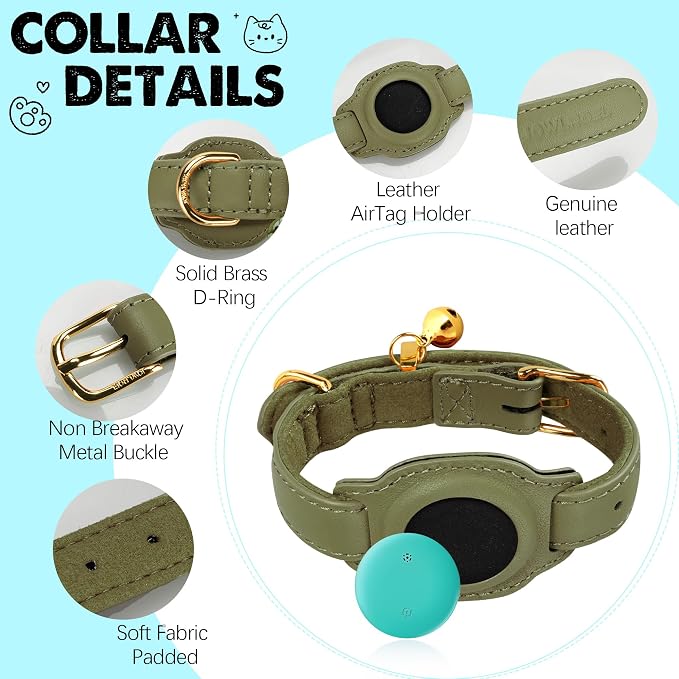 Cat Tracker, GPS Pet Tracker for Cats (Only iOS), Leather Cat Collar with Tracker, Works with Any Collar, No Monthly Fee, Compatible with Apple Find My App not for Android (Olive Green)