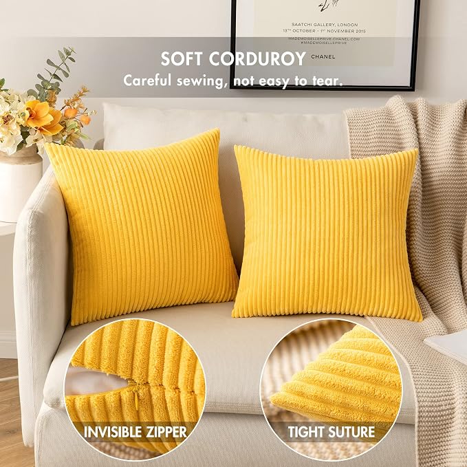 MIULEE Fall Soft Corduroy Throw Pillow Covers Set of 2 18x18 Golden Yellow | Decorative Striped Textured Cushion Cases, Boho Energetic Vibe Pillowcases, Home Decor for Couch Chair Sofa Bed Living Room