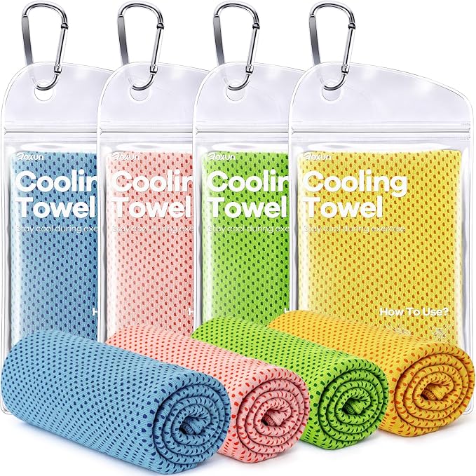 ROXUN 4 Pack Cooling Towels, 40''x12'' Soft Breathable Chilly Neck Ice Rags | Workout Running Golf Grayish Blue+Light Pink+Green+Yellow
