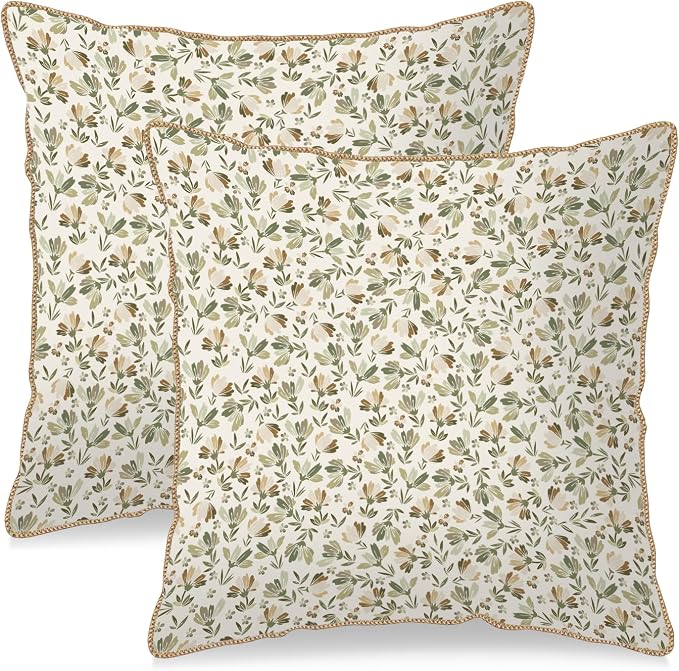 KSLIDS Sage Green Beige Floral Soft Velvet Throw Pillow Covers Set of 2 Vintage Brown Flower Decorative Pillow Covers 20x20 Inch Rustic Pillow Case for Sofa Couch Bedroom Farmhouse Home Decor