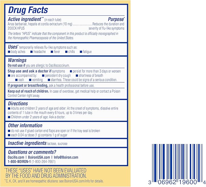 Boiron Oscillococcinum for Relief from Flu-Like Symptoms of Body Aches, Headache, Fever, Chills, and Fatigue - (Pack of 4)