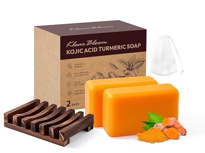 Kojic Acid Soap, Turmeric Soap Bar for Dark Spots with Collagen, Vitamin E, Retinol, Hyaluronic Acid, Shea Butter - 105g x 2 Bars With Holder