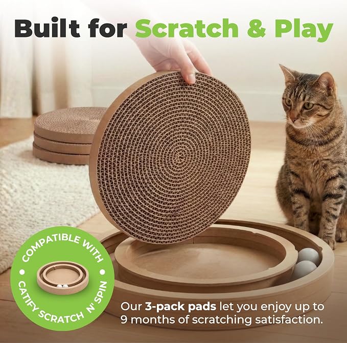 Catify Spin n' Scratch Cat Scratch Pad Refill - Round, 3-Pack | Corrugated Cardboard, Double Sided Cat Scratching Pad, Indoor Furniture Protector, Durable, For Kittens and Cats,