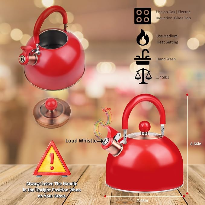 2.6 Quart Red Whistling Tea Kettle for Stovetop, Stainless Steel Teapot with Cool-Touch Handle, Loud Whistle, Wide Base, Gas Electric Induction Compatible