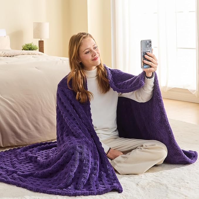 NEWCOSPLAY 3D Waffle Checkered Flannel Throw Blanket, Dark Purple, 50"x70" | Super Soft Cute Lightweight Decorative Premium Silky Fleece Blanket for Couch Sofa Bed, Gift for Women Men, All Season Use