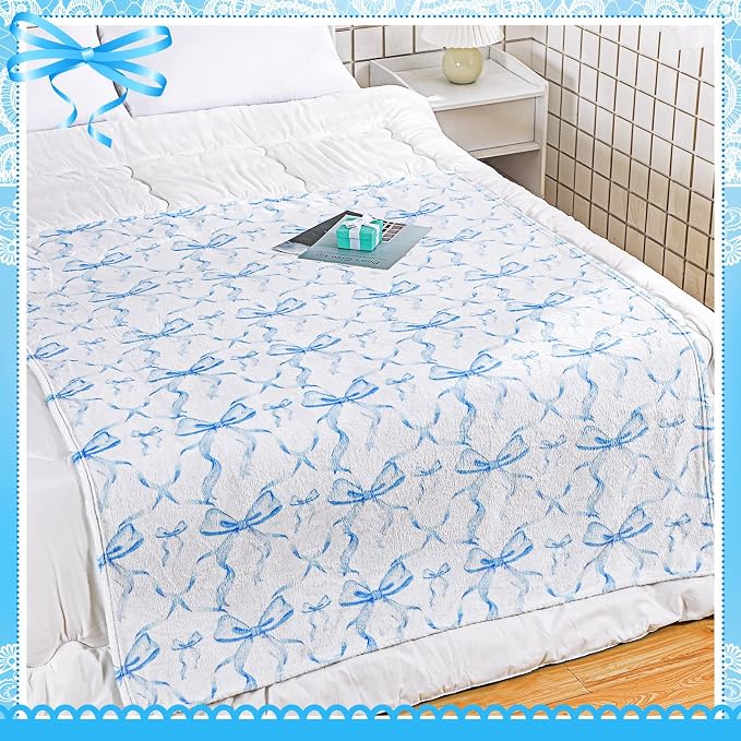 Blue Bow Throw Blanket 50"x60" Soft Flannel for Girls Women | Coquette Aesthetic Decor with Ruffled Edges, Ultra Plush Bed Sofa Blanket, Preppy Gift for Teens, Back to School Dorm Room