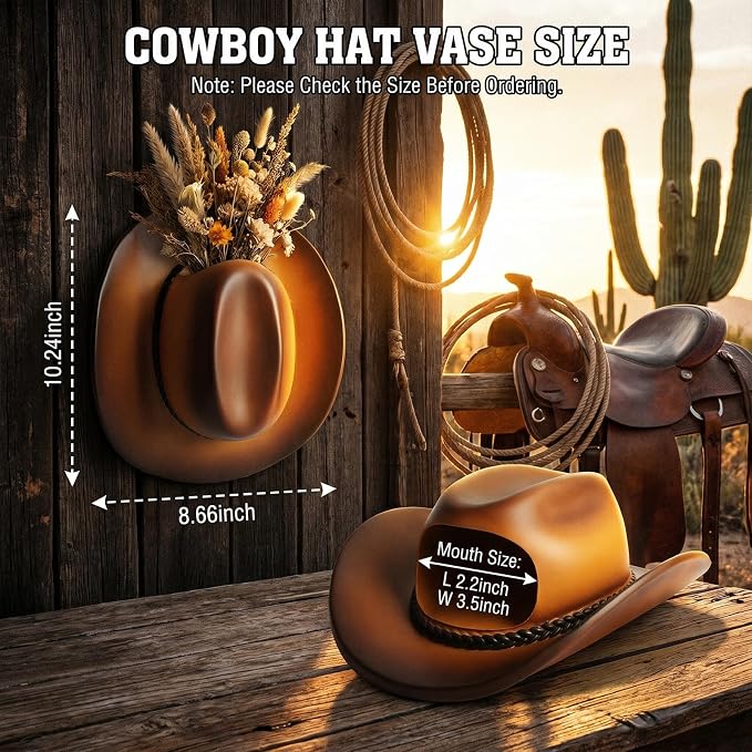Hanging Wall Vase for Flowers Resin Cowboy Hat Vase Western Decor Gradient Brown