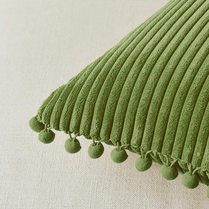 Fancy Homi Pack of 2 Moss Green Lumbar Decorative Throw Pillow Covers with Pom-poms, Soft Corduroy Solid Rectangle Cushion Cases Set for Couch Sofa Bedroom Car Living Room (12x20 Inch/30x50 cm)