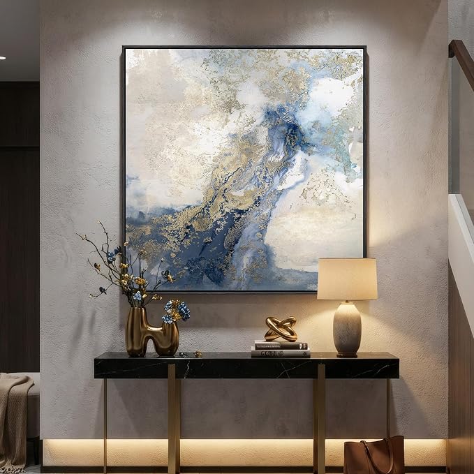 Extra Large Framed Blue Abstract Wall Art for Living Room, Oversized Square Modern Canvas Prints Paintings for Walls, Minimalist Blue White Gold Pictures for Dining Bedroom Hallway Wall Decor 40x40 In