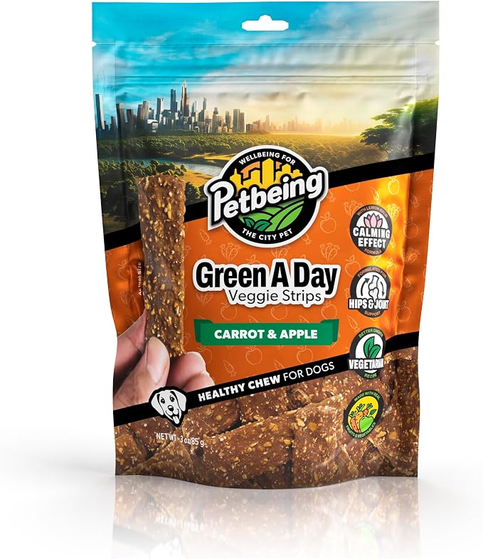 Green A Day Veggie Strips for Dogs | Carrot & Apple Vegetarian Dog Chews | Daily Wellness Treats with Fruits & Vegetables | 4 Pack, 3 oz Bags