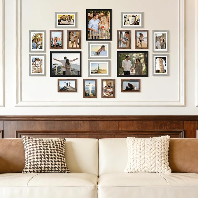upsimples Picture Frames set of 19, Including 8x10, 5x7, 4x6 Rustic Frame | Black Brown Gray Multi Picture Frames Collage Wall Decor , Gallery Wall Frame Set, Gift For Christmas, Mothers' day, Wedding