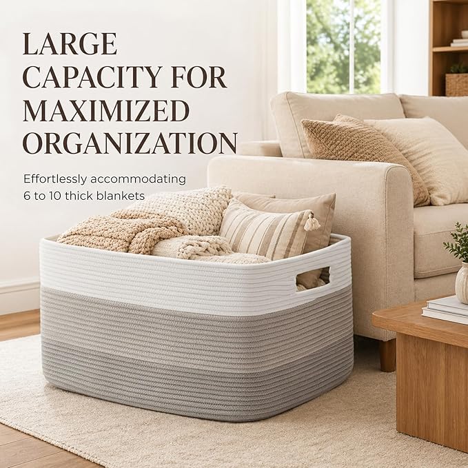 OIAHOMY Large Blanket Basket, 22”x17”x12” Laundry Baskets, Nursery Blanket Storage Living Room, Toy Storage With Handle, Rectangle Woven Baskets-Gradient Grey