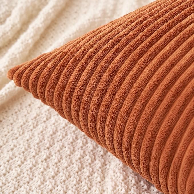 MIULEE Fall Lumbar Corduroy Throw Pillow Covers Set of 2 12x20 Rust | Decorative Soft Striped Textured Cushion Cases, Boho Rustic Pillowcases for Home Decor, for Couch Chair Sofa Bed Living Room