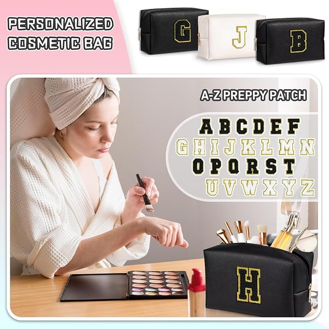 TOPEAST Preppy Makeup Bag, Small Cosmetic Travel Bags for Women, PU Leather Waterproof Toiletry Bag with Zipper, Personalized Birthday Gift for Women Girl, Preppy Gifts for Girl (Black F)
