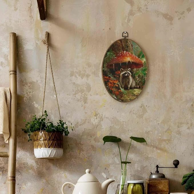 LKETW Dark Cottagecore Raccoon Mushroom Oval Wall Art Decor, Moody Cottage Oval Canvas Hanging Decor, Whimsical Botanical Raccoon Mushroom Wall Decorations for Home Bedroom Living Room, 8.6x11.4 Inch