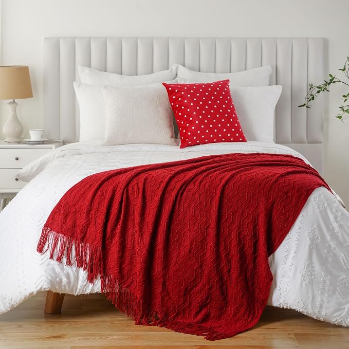 BATTILO HOME Christmas Red Throw Blanket for Couch, Textured Soft Burgundy Throw Blankets, Decorative Knitted Red Blanket for Sofa Bed Living Room, 50"x60"