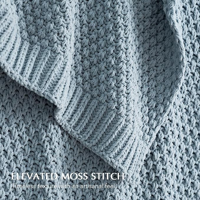 EVERGRACEHOME Chunky Chenille Knit Throw Blanket, 60 x 80, Chambray Blue | Sculpted Moss Stitch, Chic Modern Farmhouse, All-Season Warmth, OEKO-TEX® Certified, Elegant Blanket for Couch, Bed, Sofa