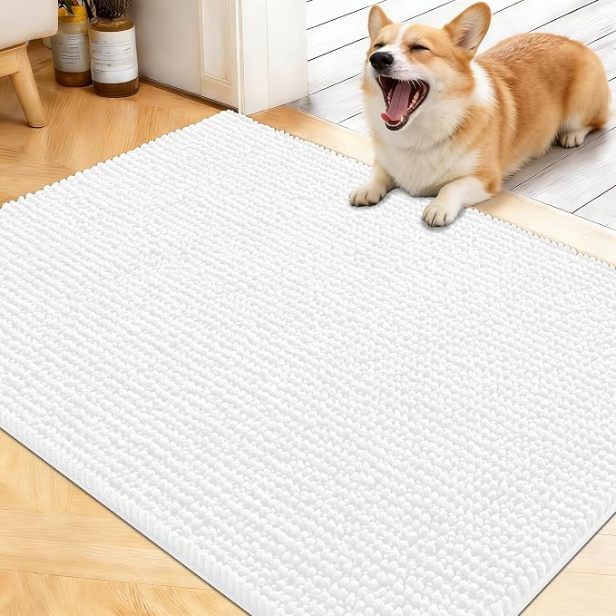 OLANLY Dog Door Mat for Muddy Paws 40x32, Extra Absorbent Chenille Mud Mat | White, Absorbs Moisture and Dirt, Non-Slip Machine Washable Doormat, Quick-Drying Indoor Entryway Floor Mat for Dogs